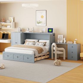 Queen Size Murphy Bed with USB Port, Large Drawer, and Wardrobe/Desk Combo â€“ Versatile Gray Cabinet Bed