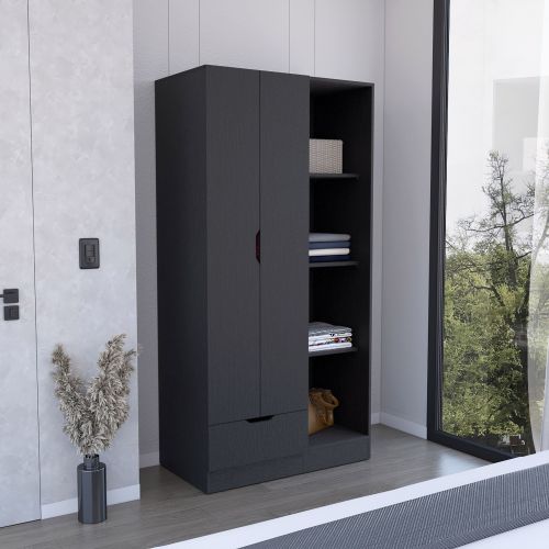Memphis Wardrobe Armoire with 4-Tier Storage Shelves and 1 Drawer Black