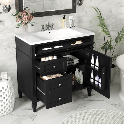 36'' Bathroom Vanity with Top Sink, Modern Bathroom Storage Cabinet with 2 Drawers and a Tip-out Drawer, Single Sink Bathroom Vanity