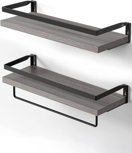Floating bathroom shelf with towel rail; bathroom/living/kitchen/bedroom wall shelf set of 2; light brown; dark brown; black. Floating bathroom shelf with towel rail; bathroom/living/kitchen/bedroom wall shelf set of 2; light brown; dark brown; black.