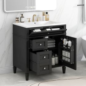 30'' Bathroom Vanity with Top Sink, Modern Bathroom Storage Cabinet with 2 Drawers and a Tip-out Drawer, Single Sink Bathroom Vanity (Color: Black, Material: Solid Wood+MDF)