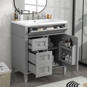 30'' Bathroom Vanity with Top Sink, Modern Bathroom Storage Cabinet with 2 Drawers and a Tip-out Drawer, Single Sink Bathroom Vanity (Color: Grey, Material: Solid Wood+MDF)