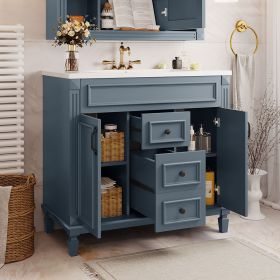 36'' Bathroom Vanity with Top Sink, Modern Bathroom Storage Cabinet with 2 Soft Closing Doors and 2 Drawers, Single Sink Bathroom Vanity (Color: Blue, Material: MDF)