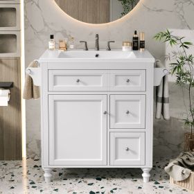 30'' Bathroom Vanity with Top Sink, Modern Bathroom Storage Cabinet with 2 Drawers and a Tip-out Drawer, Single Sink Bathroom Vanity (Color: White, Material: Solid Wood+MDF+Resin)
