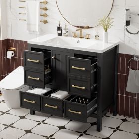36'' Bathroom Vanity with Resin Sink Combo, Solid Wood Frame Bathroom Storage Cabinet, Freestanding Vanity Set with 5 Drawers& Soft Closing Doors (Color: Black, Material: Solid Wood+MDF+Resin)