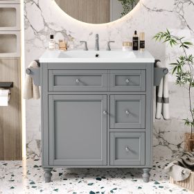 30'' Bathroom Vanity with Top Sink, Modern Bathroom Storage Cabinet with 2 Drawers and a Tip-out Drawer, Single Sink Bathroom Vanity (Color: Grey, Material: Solid Wood+MDF+Resin)