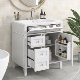 30'' Bathroom Vanity with Top Sink, Modern Bathroom Storage Cabinet with 2 Drawers and a Tip-out Drawer, Single Sink Bathroom Vanity (Color: White, Material: Solid Wood+MDF)